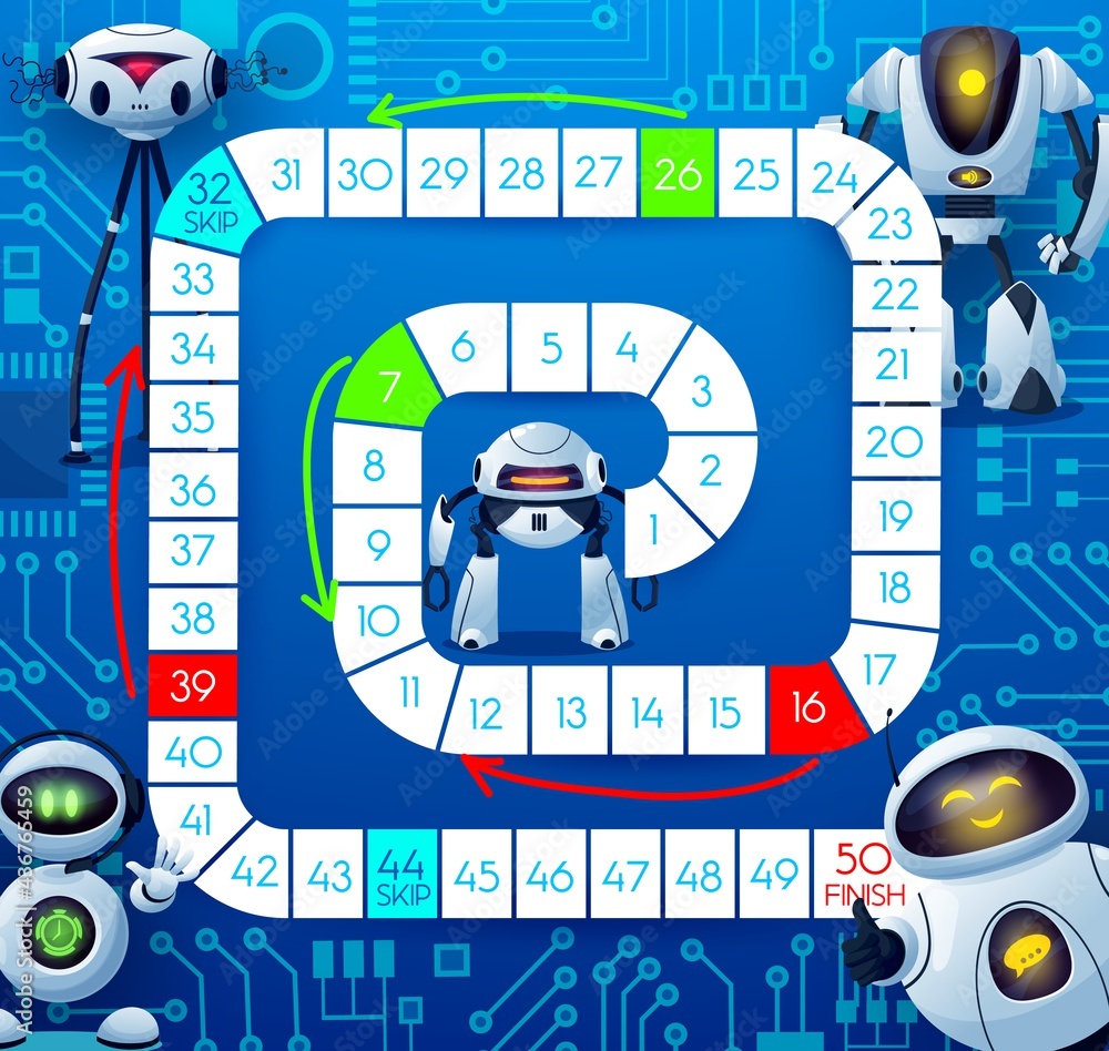 Poster boardgame with robots and motherboard, kids tabletop game, vector template. kids cartoon track move 