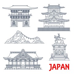 Japanese architecture, temples landmarks and Japan shrine houses, vector building icons. Japan famous religious landmarks of Tosho-ji temple, Osaki Hachimangu shrine and Hirosaki Castle in Aomori