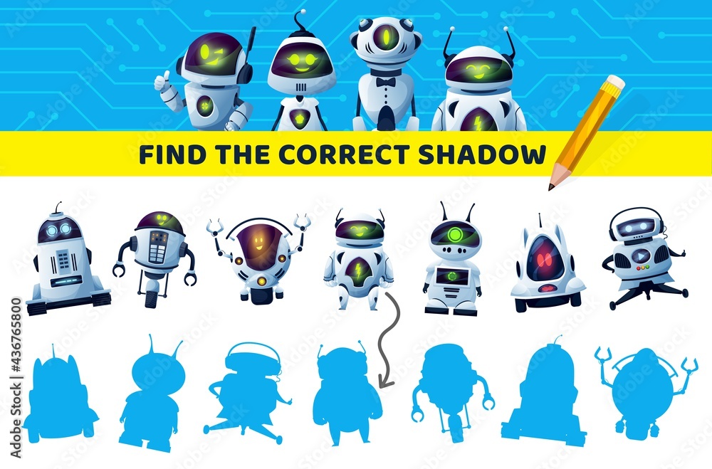 Poster find correct robot shadow, kids game or puzzle, vector brain activity and leisure entertainment. kid