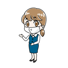 立っているマスク姿の事務員女性イラスト（感染予防）