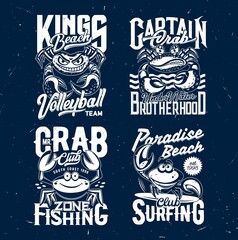 Fototapeta premium Crab t-shirt print vector mockups with cartoon crabs, funny sea food crustacean animals, ocean waves and surfing board. Custom apparel grunge badge templates of seafood restaurant, fishing sport club