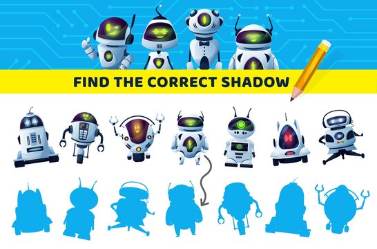Find correct robot shadow, kids game or puzzle, vector brain activity and leisure entertainment. Kids tabletop or boardgame find and match shadow with robots, android bots and cyber aliens