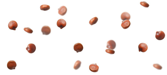 Many quinoa seeds falling on white background, banner design. Vegan diet