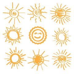 Hand drawn painted sun set. Travel vector icon. Summer illustration. Sun icon set. Vector illustration. EPS 10.