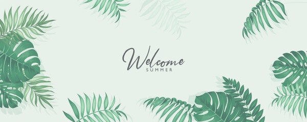 Minimalist summer banner design with tropical leaves theme © CLton