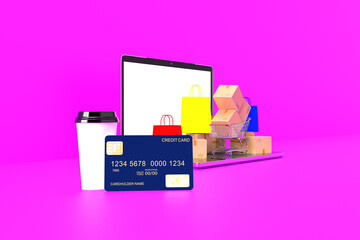 Blue credit card coffee cup bag red yellow box shop store computer notebook laptop tablet payment money internet application online smartphone technology digital ecommerce business website.3d render