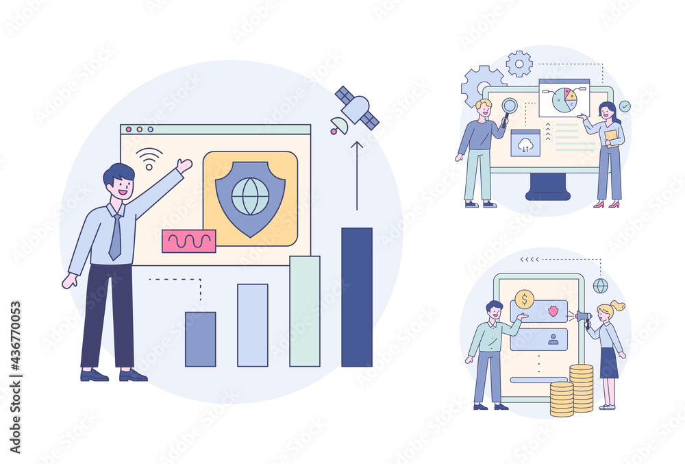 Poster people upgrading online security, people making financial transactions online, experts checking grap