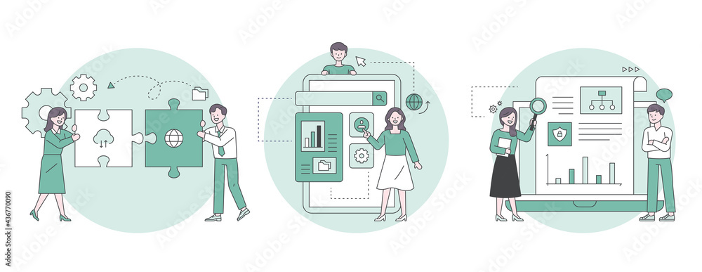 Poster man explaining settings icon on digital device, colleague doing two puzzles, people looking at analy
