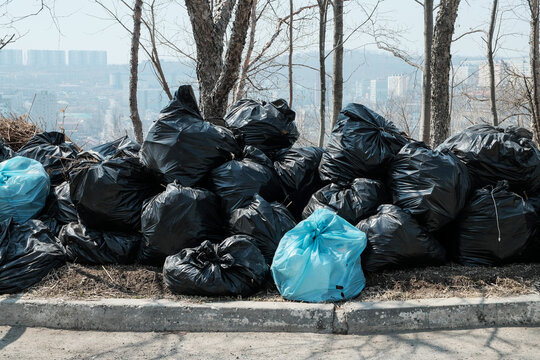 A large pile of black garbage bags. Garbage removal on the city streets. Seasonal cleaning of city streets