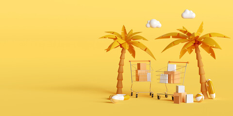 Obraz premium Summer sale banner, Shopping cart with palm tree and beach accessories on yellow background, 3d illustration