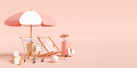 Fototapeta na wymiar Summer sale banner, Shopping cart with beach accessories, luggage on pink background, 3d illustration