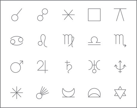 Set of Astrology and zodiac sign line style.  It contains such Icons as planets, asteroids, earth, trine, square, ether, cancer, leo, virgo, libra, aspects and other elements. 