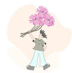 Vector Illustration of Young man or boy with big bunch of flowers. Spring Romance Valentines day concept. 
