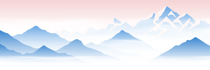 Mountain peaks above the clouds, morning fog. Vector illustration, banner.	