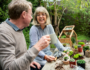 Cheerful elderly couple gardening together