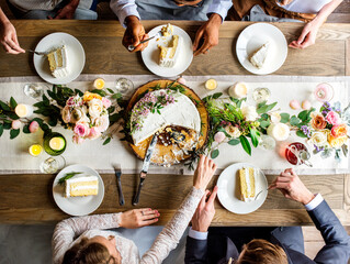 Aerial view of the table while cutting the wedding cake