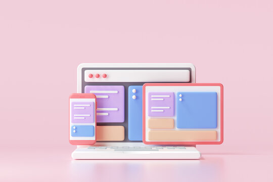 Mobile application, Software and web development with 3d shapes, bar chart, an infographic on pink background. 3d rendering