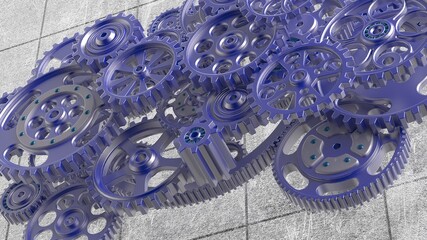 Mechanism blue metallic gears and cogs at work on green plate under spot light background. Industrial machinery. 3D illustration. 3D high quality rendering. 3D CG.