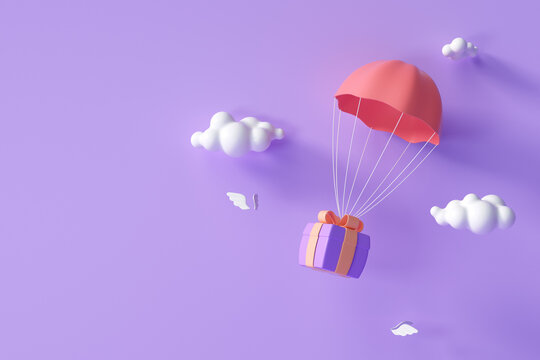 3D Red parachute carrying purple gift box flying through clouds. 3d render illustration