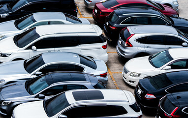 Car parked at parking lot of the airport for rental. Aerial view of car parking lot of the airport....