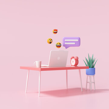 3D Table and laptop with bubbles chat and emojis for work from home and online chatting concept. 3d render illustration