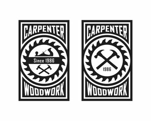 Set of black and white illustrations of a plane, hammer, circular saw and text on a white background. Vector illustration in vintage style for emblem, sticker, label, poster. Carpenter services.