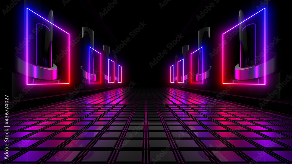 Poster sci fy neon lamps in a dark corridor. reflections on the floor and walls. 3d rendering image.