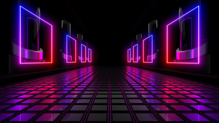 Obraz premium Sci Fy neon lamps in a dark corridor. Reflections on the floor and walls. 3d rendering image.