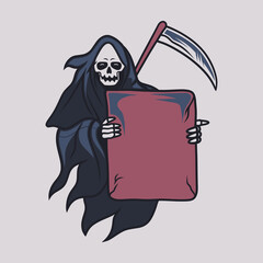 vintage t shirt design grim reaper holding a board in front of him illustration