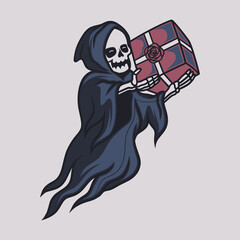 vintage t shirt design grim reaper bring a gift box illustration