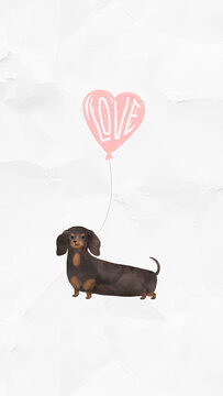 Dachshund with a love heart on a paper mobile screen background