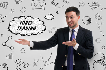 Business, technology, internet and network concept. Young businessman thinks over the steps for successful growth: Forex trading