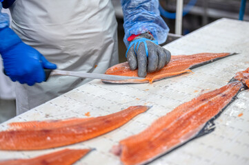 The process of manual filleting of red fish. The worker cuts the fish into pieces with a knife.