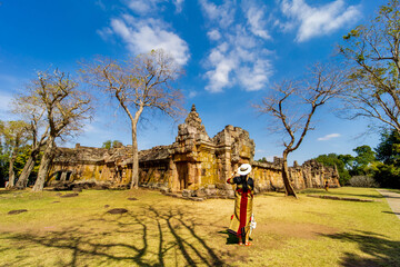 Fototapeta premium Prasat Khao Phanom Rung is a stone laterite castle. There are tourists during COVID-19, Buriram Province, Thailand.