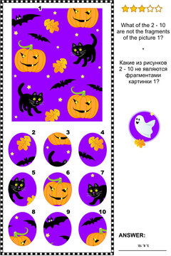 Halloween themed IQ training abstract visual puzzle: What of the 2 - 10 are not the fragments of the picture 1? Answer included.
