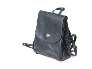 Naklejka premium Black leather women's backpack isolated on a white background.
