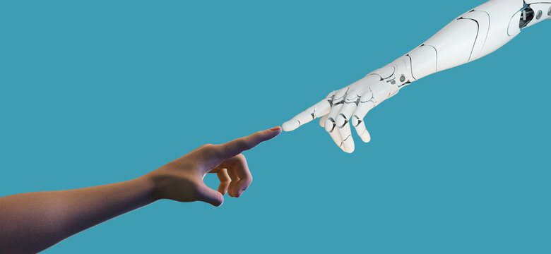 White Cyborg Finger About To Touch Human Finger On Blue Background, 3D Render Robot Hand .for Artificial Intelligence Futuristic Design Concept, Futuristic Technology For Business Management