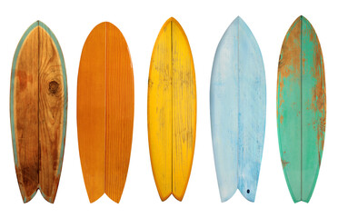 Collection of vintage wooden fishboard surfboard isolated on white with clipping path for object,...