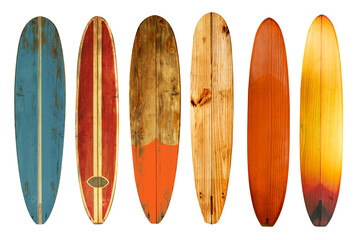 Collection of vintage wooden longboard surfboard isolated on white with clipping path for object, retro styles. - obrazy, fototapety, plakaty