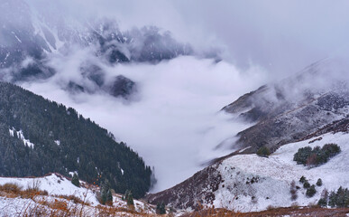 Magical atmosphere of a foggy morning in a mountain valley; snowflakes of falling snow on the background of a mountain forest with clouds