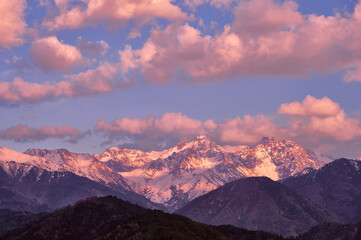 Majestic rocky peaks with fir forest on the background of  blue sky with clouds at sunset