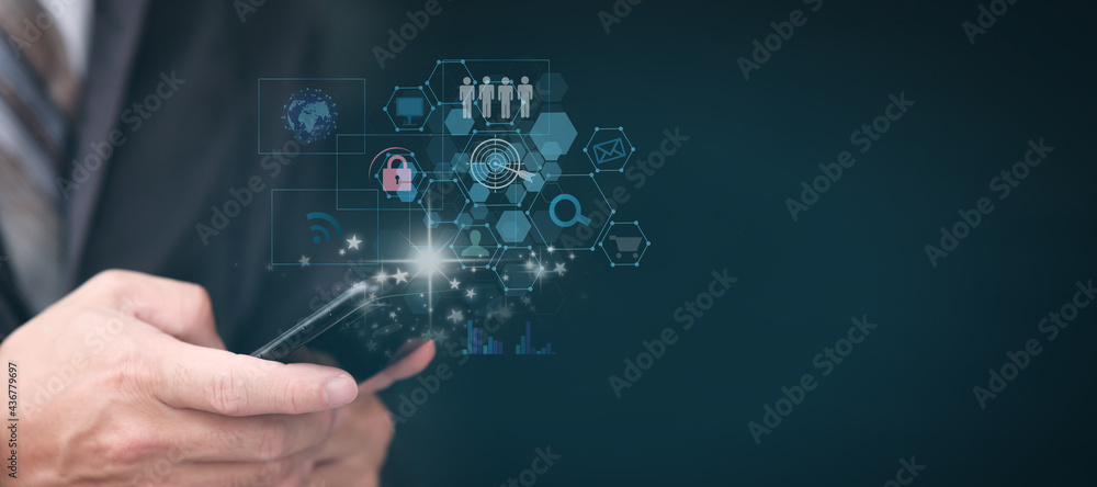 Poster businessman using smartphone on global network connection on investor and customer with data exchang
