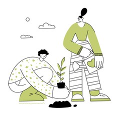 Illustration for website banner or presentation slide. two characters plant a tree, eco friendliness. Linear illustration people take care of nature and plants. One color - green on a white background