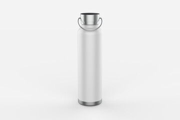 Close-up of reusable, steel thermos water bottle, isolated on white background. Say no to plastic disposable bottle. 3d illustration