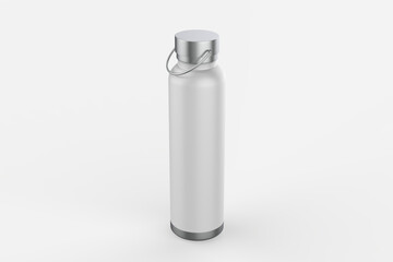 Close-up of reusable, steel thermos water bottle, isolated on white background. Say no to plastic disposable bottle. 3d illustration