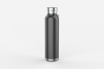 Close-up of reusable, steel thermos water bottle, isolated on white background. Say no to plastic disposable bottle. 3d illustration
