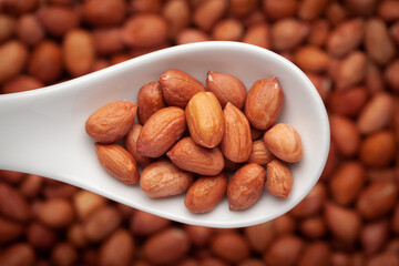 Macro Close-up of organic red-brown peanuts (Arachis hypogaea) on a white ceramic soup spoon in a blurred background. Top view