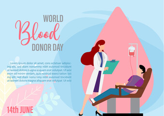 Young man and doctor in cartoon character receiving blood with wording of blood donor day and example texts on decoration plants and blue background. World blood donor day poster campaign in vector.