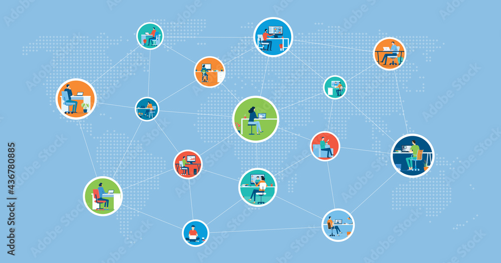 Poster flat vector business people using technology to remote working and business smart working online connect anywhere concept