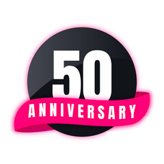 Trendy round sticker, button, icon with the inscription 50 years anniversary in pink and black colors with a glow. Isolated on white. 